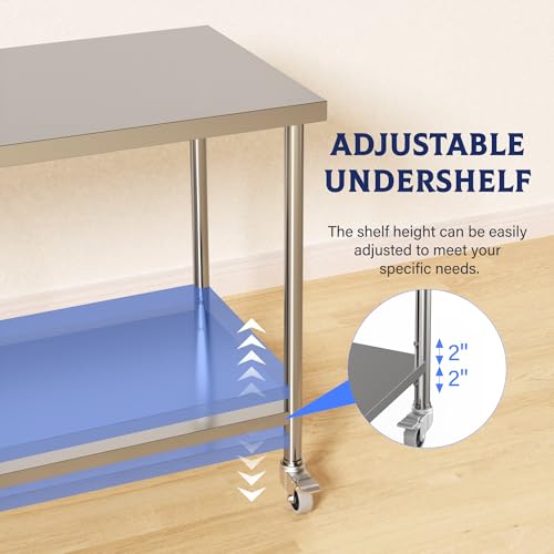Stainless Steel Table, 60" x 24" Prep Workstation, 1000 LBS, NSF Commercial Work Table with Adjustable Undershelf and Lockable Casters, for Restaurant, Home, Kitchen, Hotel, Outdoor