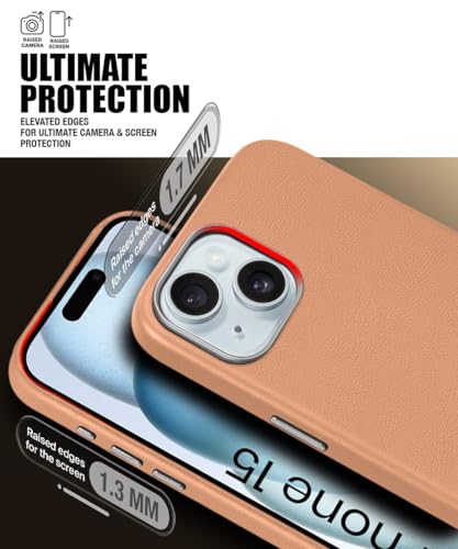 Image of WOW IMAGINE Back Cover for iPhone 15 | Shockproof Tough Leather Texture Hard Mobile Case | Ultra Slim Non-Slip Grip | Inner Velvet Fabric | Metal Camera Ring - Tan Brown