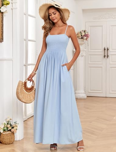 Image of Women Detachable Strap Beach Dress Strapless Smocked Pockets Maxi Dress | Removable Straps Flowy Swing A Line Maxi Beach Dress Boho Vacation Casual Smocked Strapless Beach Wedding Guest Sundress