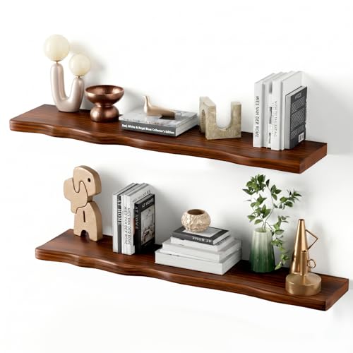 Avytronx Solid Wood Live Edge Floating Shelves Set of 2 36 Rustic Wall Shelf with Hidden Bracket System Wall Mounted Shelves for Bathroom Kitchen Living Room Bedroom (Walnut)