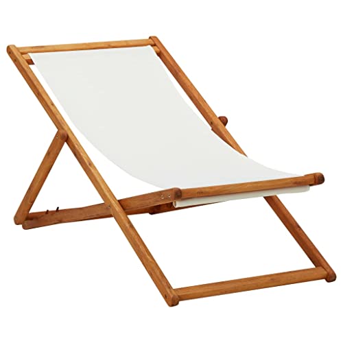 WDGJJFECNMUEHI Eucalyptus Wood Folding Beach Chair with Cream White Fabric, Adjustable Reclining...