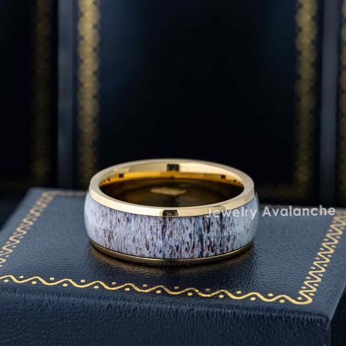 Jewelry Avalanche 8mm Men's Yellow Gold Tungsten Wedding Band - REAL Deer Antler Inlay Comfort-Fit Dome Anniversary Ring3