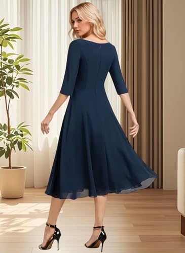 Mother of The Bride Dresses Chiffon Tea Length Women Lace Applique Wedding Guest Dress 3/4 Sleeve Formal Evening Gowns4