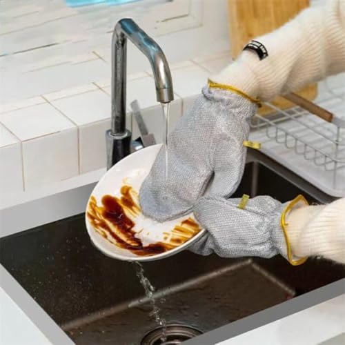 Image of Steel Scrubber Gloves with Cleaning Mesh Pad for Kitchen Utensils Cleaning | Reusable Heat Resistant Hand Gloves & Wire Dishwashing Cloth Combo Pack of 4