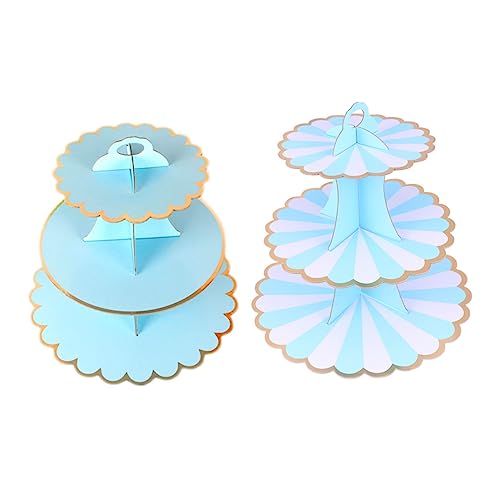 OKUMEYR 2個一使い捨て ペーパー製 蛋?架 段 ケーキディスプレイスタンド ブルーエッジ付き 結婚式 誕生日パーティー ブライダルシャワー用