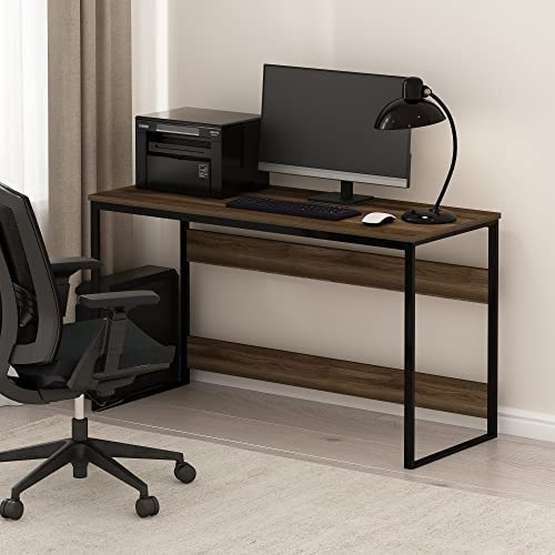 Image of Furinno Moretti Desk, 52 Wide Metal Frame Gaming Desk, Rectangular Computer Desk, Writing Desk, Office Desk for Home Office, Study Room, Dorm, Bedroom, Brown Walnut