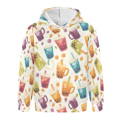 Bubble Tea Pattern Unisex Kids Sweatshirt Crewneck Hooded Pullover Hoodies Kangaroo Pocket