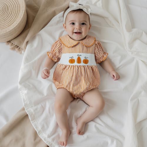 BULINGNA Newborn Baby Girl Halloween Outfit Bubble Sleeve Plaid Pumpkin Romper Summer Doll Collar Princess Clothes3