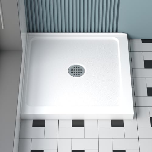 KPUY Shower Base, 36\'\' L X 36\'\' W Shower Base Pan with Double Threshold and Center Drain, Shower Pan with Slip Resistant Textured Surface, White Acrylic