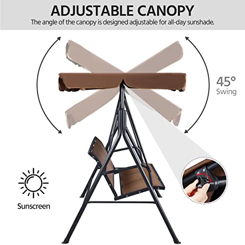 Image of Yaheetech 3-Seat Patio Swing Chair w /Texteline Fabric Ez Setup, Dark Brown | Weatherproof Material, Adjustable Sunshade, Removable Cushions, Lounge Seating, Sturdy Frame for Garden, Pool, Yard, Porch