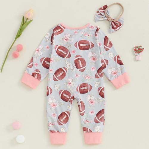 2Pcs Baby Girl Football Outfits Long Sleeve Flower Print Jumpsuit Romper with Headband Set Infant Clothes4