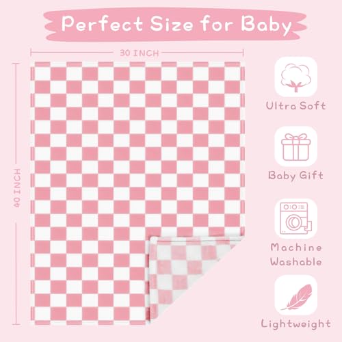 Image of Yurhap Checkered Baby Blanket for Girls Pink Fleece Baby Blankets for Girls Boys, Warmer Comfort Lightweight Bed Blanket for Toddlers Infants or Newborn, 30''x40'', Pink