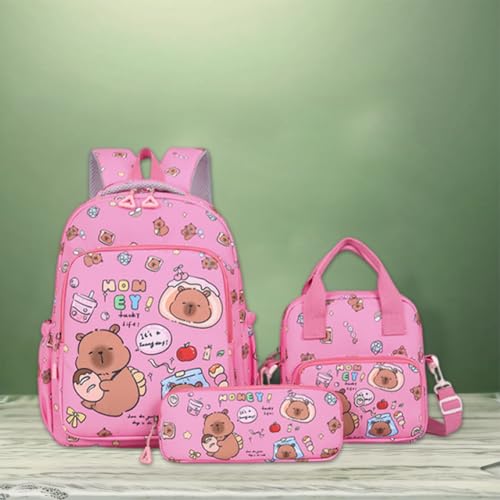 3Pcs Capybara Backpack with & Shoulder Bag Nylon Bookbag (Rose Red)3