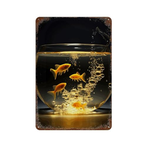 Tableau à suspendre en métal vintage poisson - Décoration murale salon et café 30x20cm