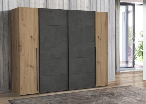 Forte Narago Schrank 270, Kleiderschrank, Schwebetürenschrank mit Drehtüren, Holzdekor Artisan Eiche kombiniert mit Grau, 270,3 cm breit x 210,5 cm hoch x 61,2 cm tief