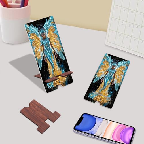 Image of Butterfly Fairy Diamond Painting Phone Stand with Mirror, DIY Wooden Diamond Art Desktop Holder, 2-in-1 Multi-Functional Diamond Painting Tabletop Ornament for Home and Office