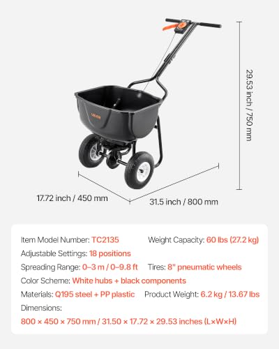 Image of VEVOR Walk Behind Spreader 60 lbs Capacity Push Broadcast Spreader Black | for Lawn & Garden, 0-9.8 ft Spreading Width & 18 Adjustable Settings, 8 in All Terrain Pneumatic Tires for Seed, Fertilizer | For Lawn & Garden, 0-9.8 ft Spreading Width & 18 Adjustable Settings, 8 in All Terrain Pneumatic Tires for Seed, Fertilizer