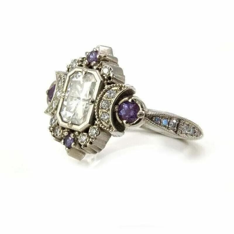 Art Deco Vintage Style Lab Created Diamond Moon Goddes 925 Silver Wedding Ring4