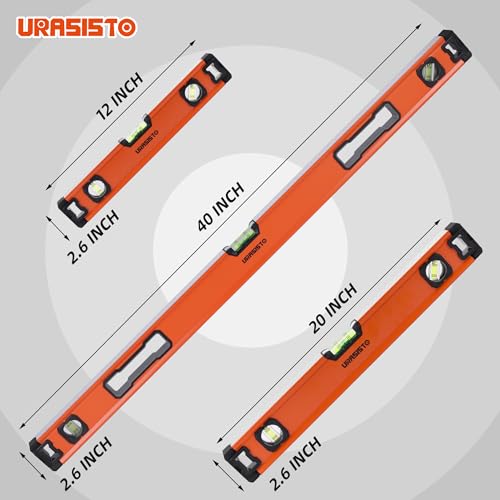 URASISTO 3-teiliges Wasserwaagen-Set, 30,5 cm, 50,8 cm, 101,6 cm Wasserwaage Set mit magnetischer Torpedo-Wasserwaage, 45°/90°/180° Blasenmessung, Aluminiumlegierung Libellen mit Tragetasche