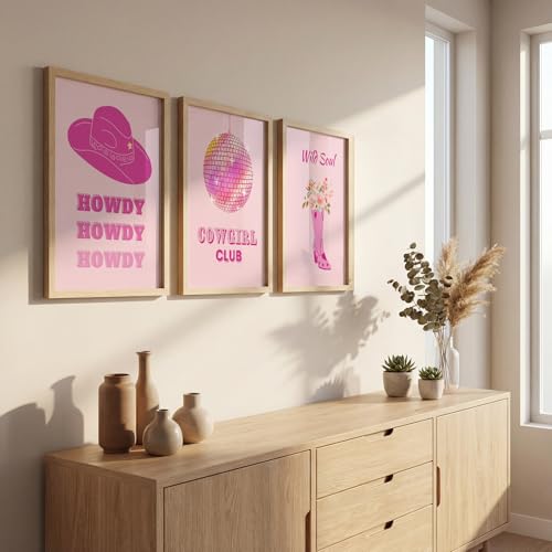 Image of NoWorries Modern Cowgirl Theme Wall Art Framed Painting Set | Pink Western Pop Art & Typography Posters | Premium 300 GSM Paper Print with Synthetic Wooden Frame | Aesthetic Wall Decor for Hotel, Living Room & Bedroom (Pattern-illustration) (Set of 3) (NATURAL, ART-3, 13X19INCHES)