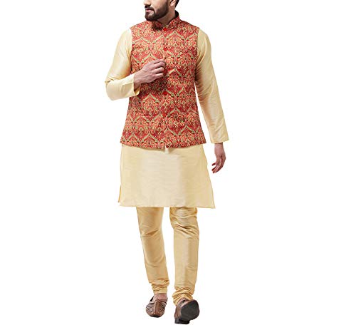 Image of SOJANYA (Since 1958 Men's Silk Blend Gold Kurta Pyjama & Printed Nehrujacket Combo