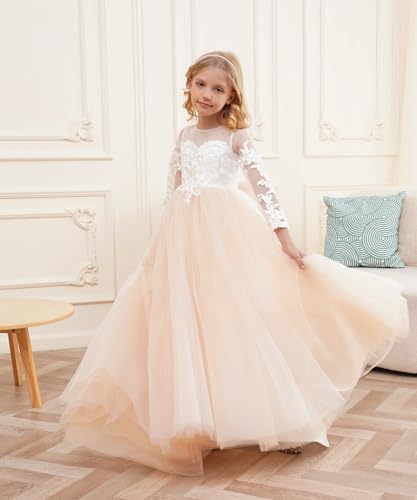 White Ivory Lace Long Sleeve Flower Girl Dresses Princess Gown Pageant Dress GZY2023