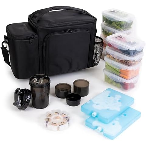 ThinkFit Large Black Meal Prep Lunch Bag, 8 Portion Control Containers, Pill Dispenser, Shaker Cup & 2 XL Reusable Ice Packs Cover