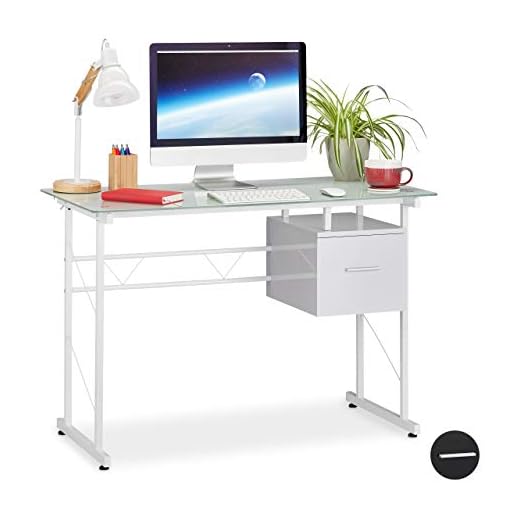 Relaxdays Escritorio, Tablero de Cristal, Moderno, Cajón Lateral, Juvenil, Blanco conglomerado DM, Metal, Vidrio, 75 x 110 x 55 cm