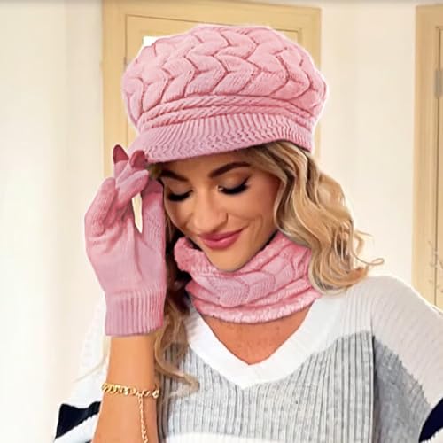 Image of 3-Pieces Winter Hat Gloves Scarf Set, Knit Warm Beanie Hat Neck Warmer Touch Screen Mittens for Women