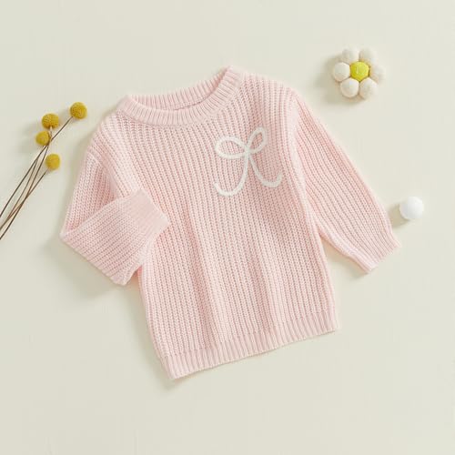 Little Girl Fall Sweater Bowknot Embroidery Long Sleeve Crew Neck Chunky Knitwear Pullover3