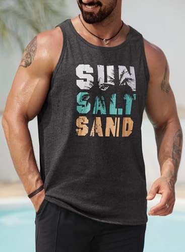 Image of VOGSTART Men's Sun Salt Sand Tank Beach Stylish Shirt Workout Top Graphic Hawaii Tropical Cotton Hawaiian Tank Grey XXL