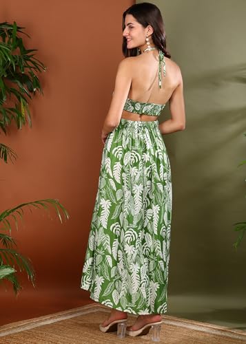 Image of Yash Gallery Women's Microfiber Halter-Neck Maxi Dress | Green Leaf Print | Tie-Up Neck, Elasticated Waist, Sleeveless | Casual, Beach & Resort Wear