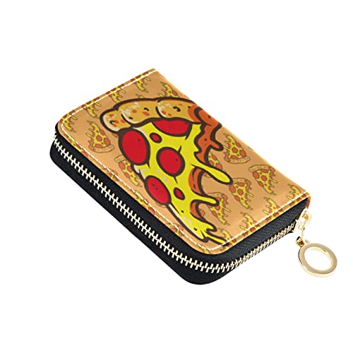OTVEE Cartoon Funny Tasty Pizza Fast Food RFID Credit Card Wallet, Microfiber Leather Zipper Card Case Holder for Women