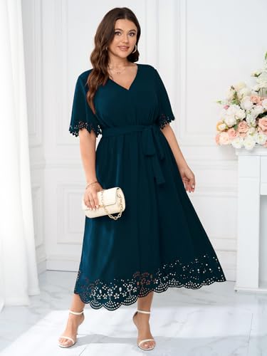 Womens Plus Size Wedding Guest Cocktail Dress Wrap V Neck A-Line Swing Maxi Dresses with Belt4