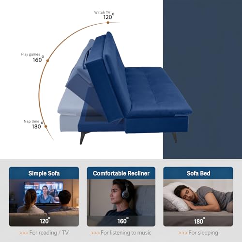Image of Wakefit Flexia Sofa Cum Bed - Three Seater - Velvet Series Blue