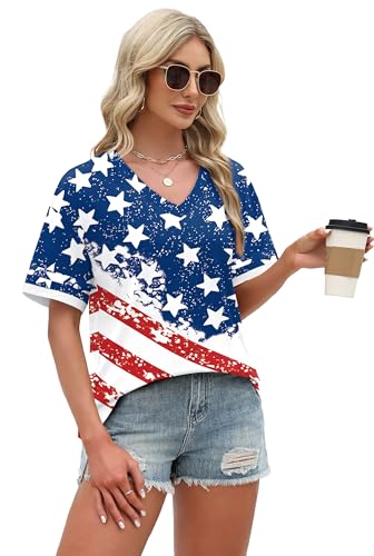 Image of WIHOLL Womens T Shirts Loose Fit Short Sleeve Tees V Neck Color Block Summer Tops 2026 Fashion S-4XL