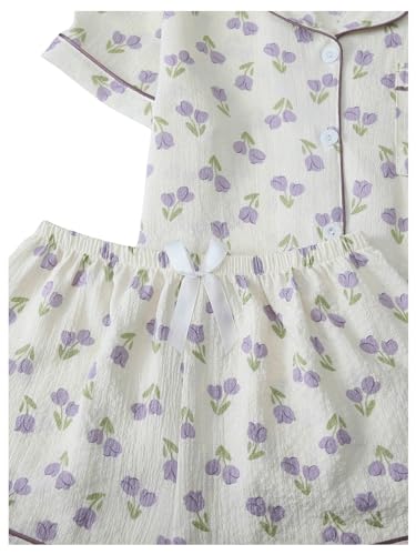 Image of Verdusa Pajamas For Women Set 2 Piece Summer Pajama Sets Cute Pjs Lounge Matching Button Shirt with Shorts Bow Purple Beige Large