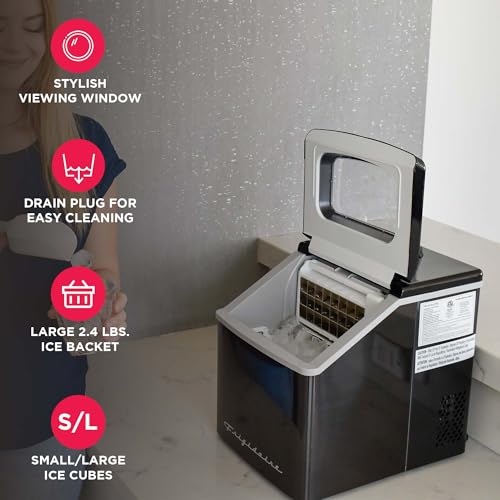 Image of Frigidaire Ice Maker EFIC452, Countertop Stainless Steel Ice Maker with Transparent Window, Clear Ice Cube Maker with 40 lbs. Capacity, Ice Maker Machine - 14.8 inch D x 11 inch W x 14.1 inch H (Black)