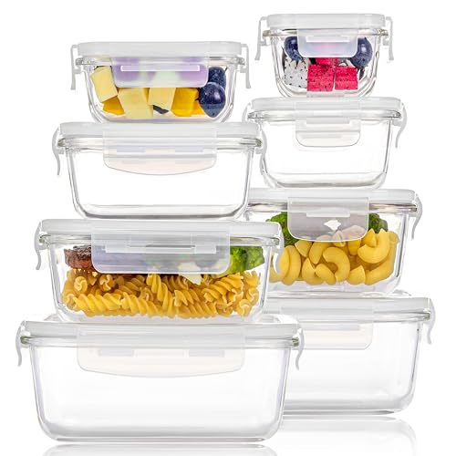 Image of Vtopmart 8 Pack Glass Food Storage Containers with Airtight Lids, Glass Meal Prep Containers, Lunch Office Meal for Microwave, Oven, Freezer and Dishwasher, BPA Free