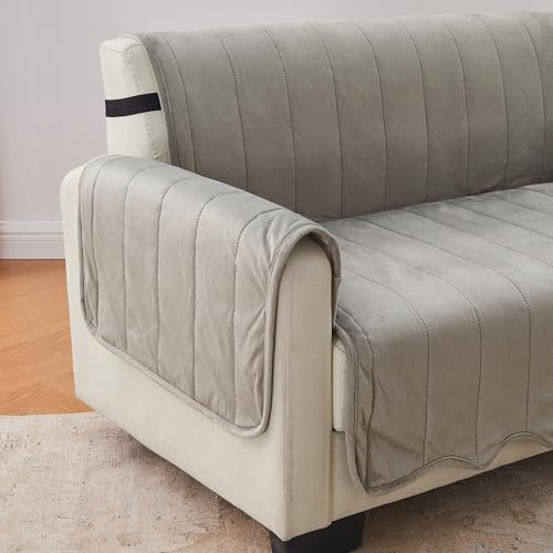 Image of Great Bay Home Velvet Sofa Cover - Washable Slipcover Furniture Protector with Elastic Straps - Furniture Cover for Dogs, Kids, and Pets - Stitched Detail (Wild Dove Grey)
