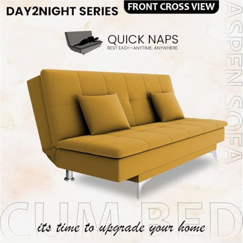 Image of Adorn India Premium New Aspen 3 Seater Sofa Cum Bed 4X6 Velvet Suede with 2 Cushions (Color Yellow) and Suitable for All Indoor, with 3 Years Warranty