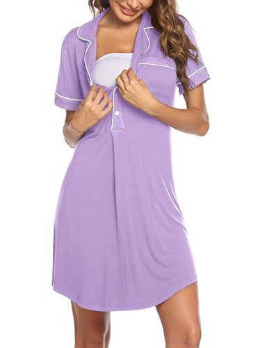 Image of Ekouaer Women's Nightgown Button Down Nightshirt V Neck Sleepshirt Short Sleeve Sleepwear Soft Pajama Dress