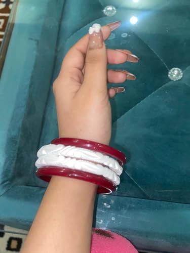 Image of HAPPYCRAFT Original Shakha Pola Bangles - (Pack of 4) | Bengali Traditional Red and White Acrylic Bangles Set for Married Women | Jewellery for Puja Wedding Bridal Ethnic Wear | Comfortable