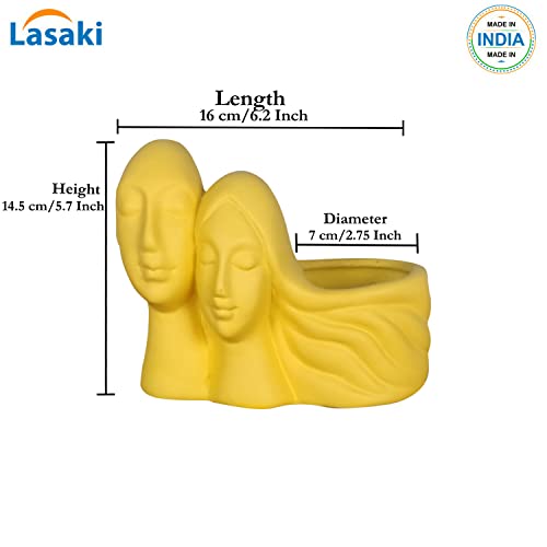 Image of Lasaki Couple Saffron Ceramic Pots for Indoor Plants, Planters, Flower, gamla, Outdoor, Balcony, Home, Garden, Office Decor, Succulent Pot(L - 16 X W - 10 X H - 14.5 cm)(Plants not Included)