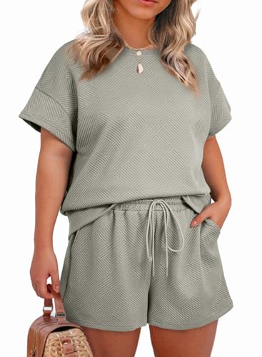 Image of Eytino Women Plus Size 2 Piece Outfits Sweatsuit Short Sleeve Pullover Tops and Drawstring Shorts Pants(1X-5X)