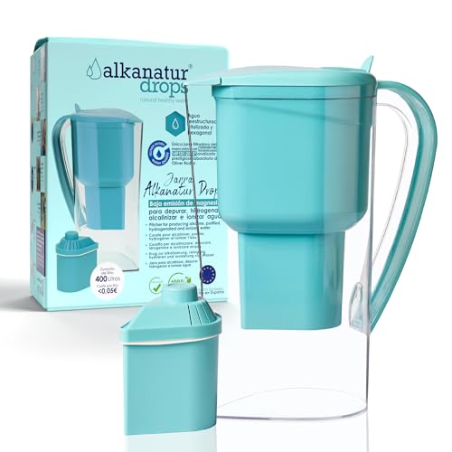 Jarra Filtradora de Agua Alkanatur Drops Baja Emisión - Hidrogena + Ioniza + Aporta Magnesio Elimina Cloro + Metales + Bacterias - Normativa UNE 149101:2015 Libre de Tóxicos - ALKANATUR 1.4L