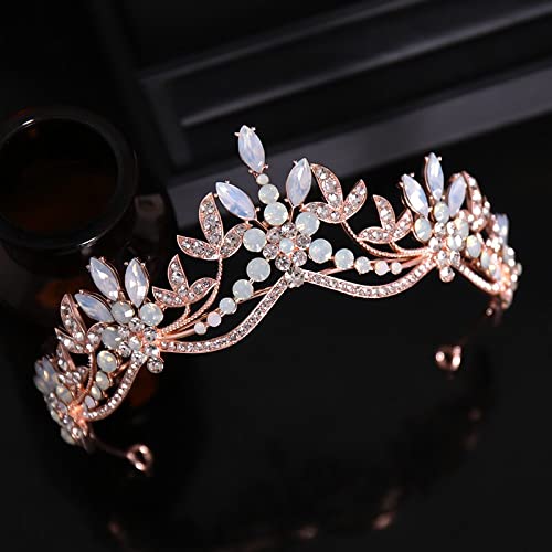 Diamentowa Tiara luksusowe różowe kryształowe koraliki liście diademy ślubne korony Rhinestone korowód Diadem panna młoda opaski ślubne akcesoria do włosów