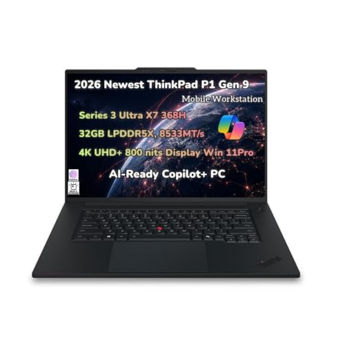 Image of 2026 New ThinkPad P1 Gen 9 Mobile Workstation Copilot+ AI Laptop 16 inch 4K UHD+ 800 nits IPS Display Series 3 Ultra X7 368H Processor 32GB RAM 1TB SSD Gen5 WiFi 7 5MP RGB IR Cam Thunderbolt 5 Win 11 Pro