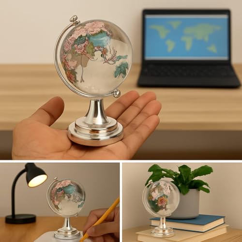 Image of Luxury Crystal Globee with Silver Stand- Elegant World Globe for Desk or Office Decor, Modern Decorative Glass Globe with Etched Continents (Colourful Globe Medium, Medium)