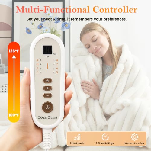 Manta eléctrica Cozy Bliss de piel sintética rayada 50"x60", calentamiento rápido, 8 niveles de calor y 8 configuraciones de temporizador con apagado automático, protección contra sobrecalentamiento, certificada ETL, lavable a máquina, crema blanca miniatura 3